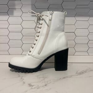 White Patent Combat Boots Womens Size 9 Chunky Heel Lug Sole Y2K Goth
